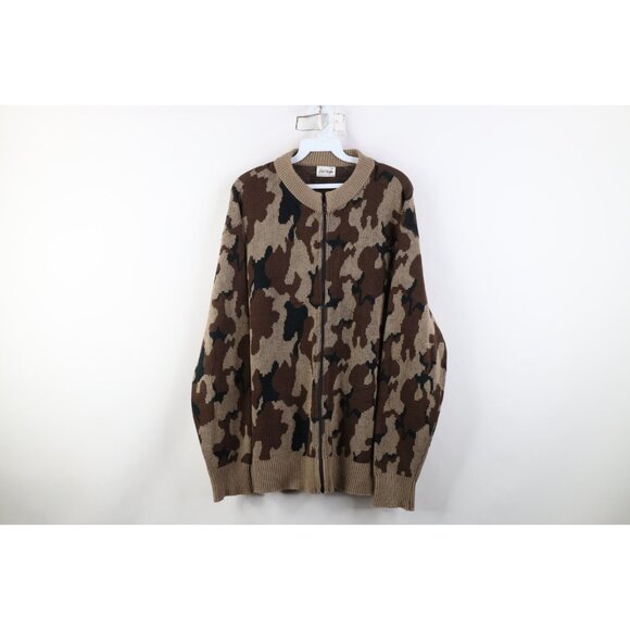 Vintage 70s 80s Streetwear Mens XL Camouflage Knit Full Zip Cardigan Sweater USA